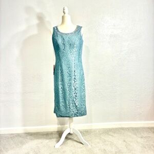 Dusty Blue Lace Sleeveless Dress, Pearl Neck, Wedding, Mother of Bride NWT 10